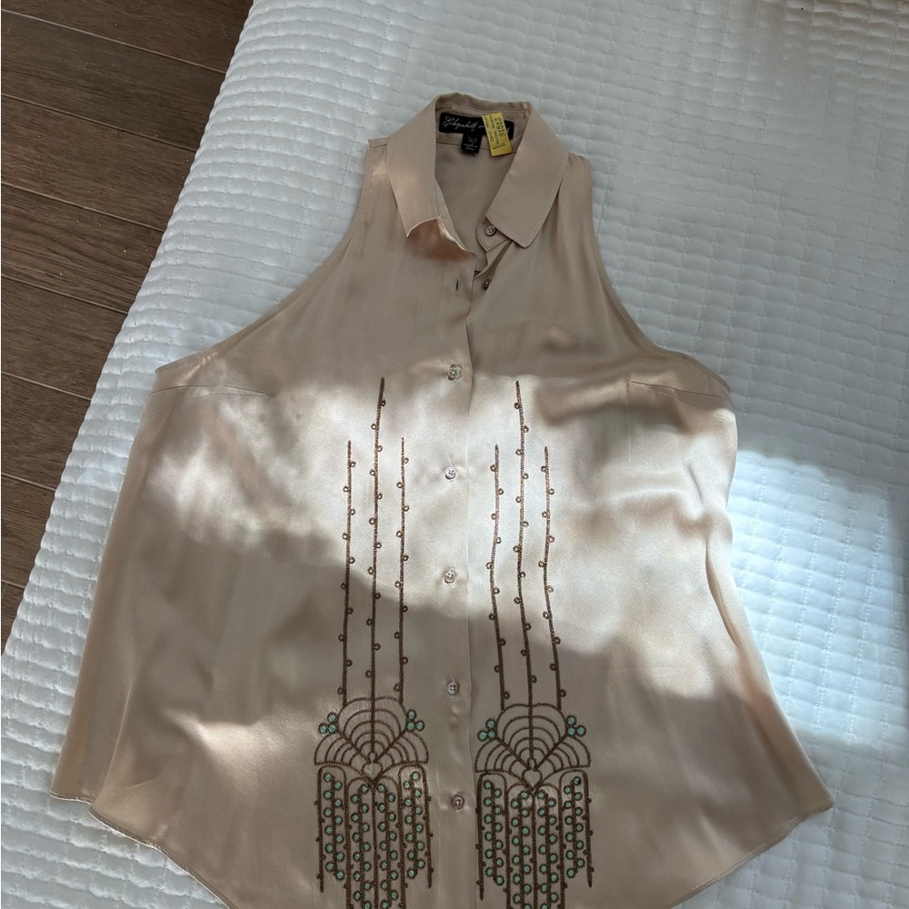 Elizabeth and James Tan Embroidered Sleeveless Blouse